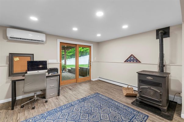 Fireplace, Home Office, Interior, Recessed Lighting, Wood Texture Flooring