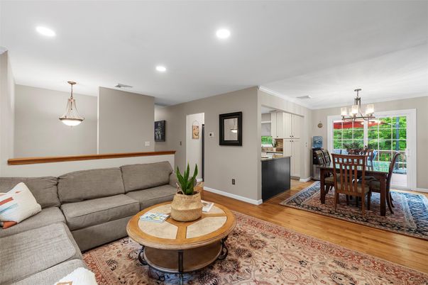Chandelier, Dining room, Interior, Kitchen, Living room, Pendant Lights, Recessed Lighting, Wood Texture Flooring