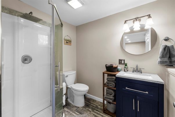 Bathroom, Glass Shower, Interior, Wood Texture Flooring