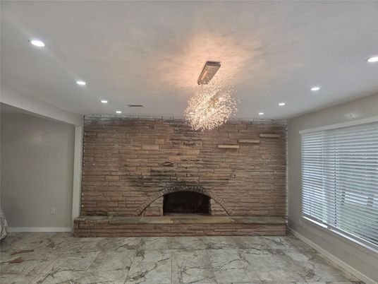 Chandelier, Empty room, Fireplace, Interior, Marble, Recessed Lighting