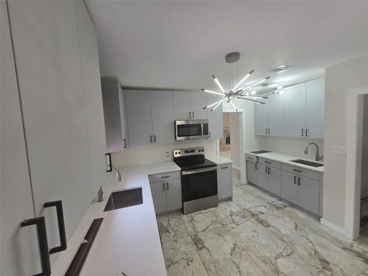Interior, Kitchen, Marble, Pendant Lights, Stainless Steel Appliances