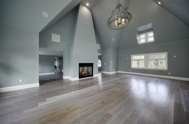 Empty room, Fireplace, Interior, Pendant Lights, Recessed Lighting, Wood Texture Flooring