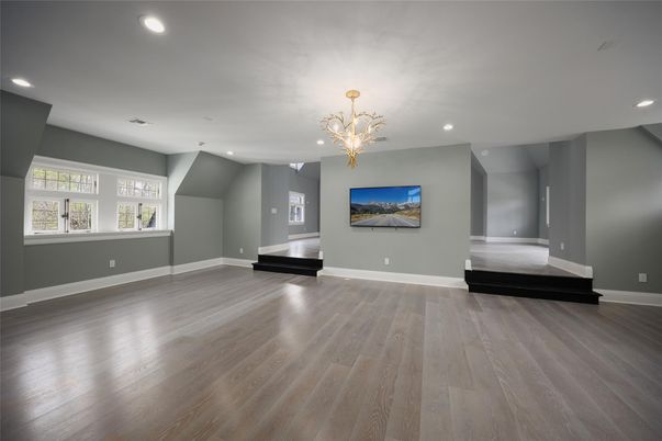 Chandelier, Empty room, Interior, Recessed Lighting, Wood Texture Flooring