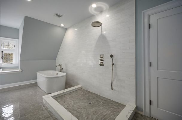 Bathroom, Free Standing Baths, Glass Shower, Interior, Recessed Lighting
