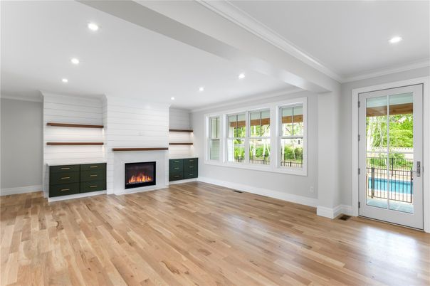 Empty room, Fireplace, Interior, Recessed Lighting, Wood Texture Flooring