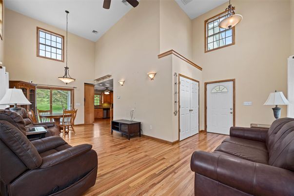Dining room, Interior, Living room, Pendant Lights, Wood Texture Flooring
