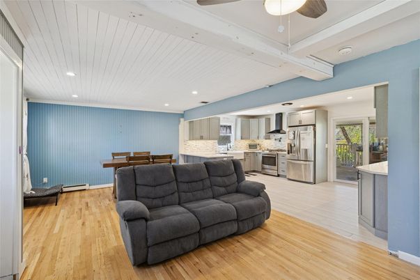 Dining room, Interior, Kitchen, Living room, Recessed Lighting, Stainless Steel Appliances, Wood Texture Flooring