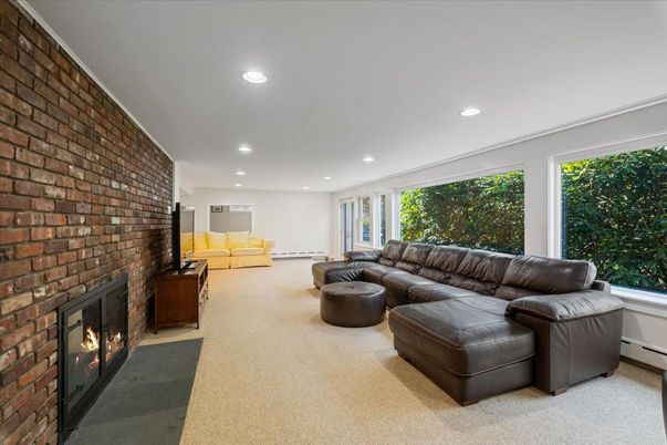 Fireplace, Interior, Living room, Recessed Lighting, Stone Walls