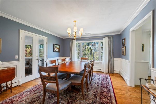 Chandelier, Dining room, Interior, Wood Texture Flooring