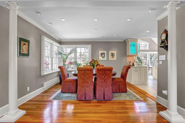Dining room, Interior, Recessed Lighting, Wood Texture Flooring