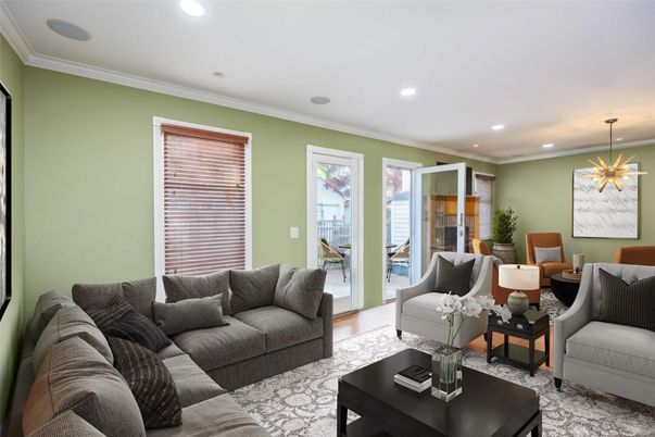 Interior, Living room, Pendant Lights, Recessed Lighting, Wood Texture Flooring