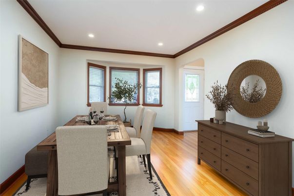 Dining room, Interior, Recessed Lighting, Wood Texture Flooring