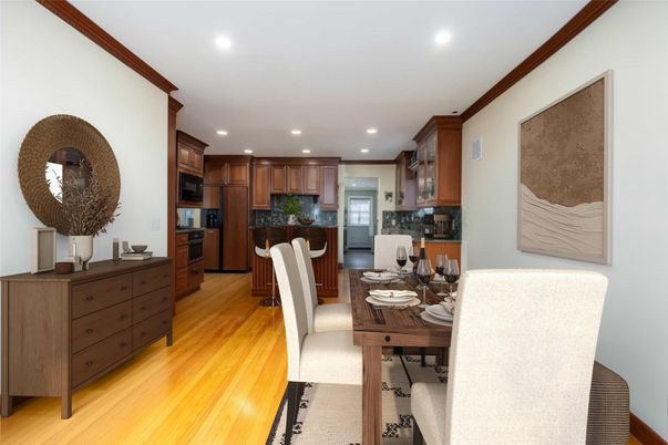 Dining room, Interior, Kitchen, Recessed Lighting, Stainless Steel Appliances, Wood Texture Flooring