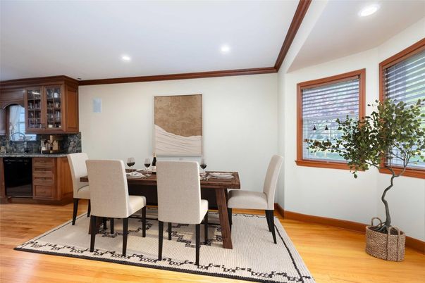 Dining room, Interior, Recessed Lighting, Wood Texture Flooring