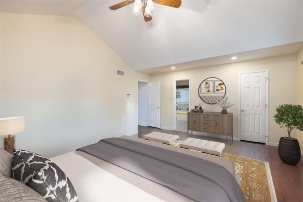 Bedroom, Interior, Recessed Lighting, Wood Texture Flooring