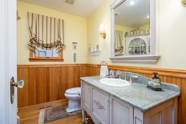 Bathroom, Interior, Recessed Lighting, Tile Countertops, Wood Texture Flooring