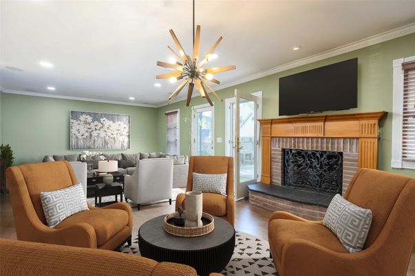 Dining room, Fireplace, Interior, Living room, Pendant Lights, Recessed Lighting, Wood Texture Flooring