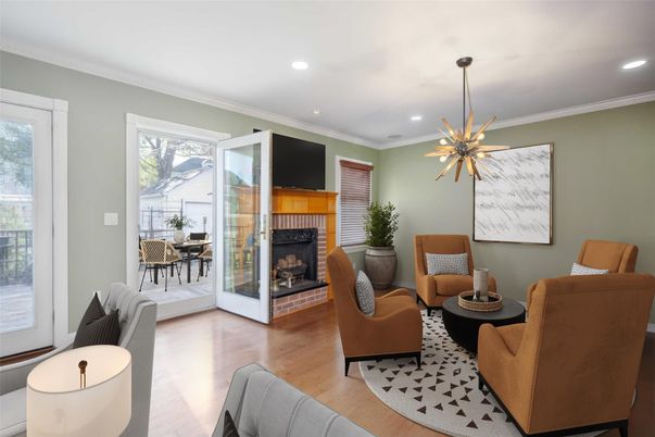Dining room, Fireplace, Interior, Living room, Pendant Lights, Recessed Lighting, Wood Texture Flooring