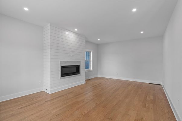 Empty room, Fireplace, Interior, Recessed Lighting, Wood Texture Flooring