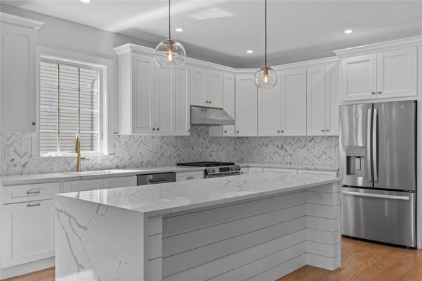 Interior, Kitchen, Pendant Lights, Recessed Lighting, Stainless Steel Appliances, Wood Texture Flooring