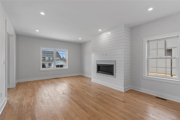 Empty room, Fireplace, Interior, Recessed Lighting, Wood Texture Flooring