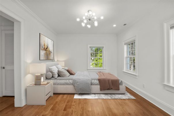 Bedroom, Interior, Pendant Lights, Recessed Lighting, Wood Texture Flooring
