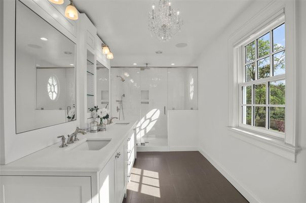 Bathroom, Chandelier, Dual Sink Vanities, Interior, Recessed Lighting, Wood Texture Flooring