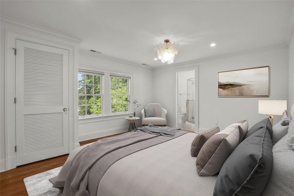 Bedroom, Chandelier, Interior, Recessed Lighting, Wood Texture Flooring