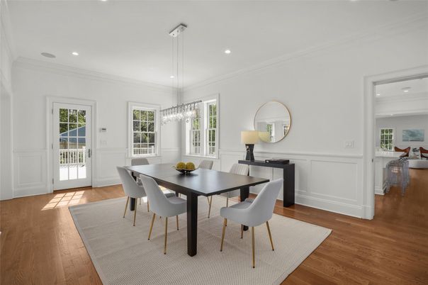 Dining room, Interior, Pendant Lights, Recessed Lighting, Wood Texture Flooring