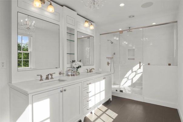 Bathroom, Dual Sink Vanities, Glass Shower, Interior, Recessed Lighting, Wood Texture Flooring