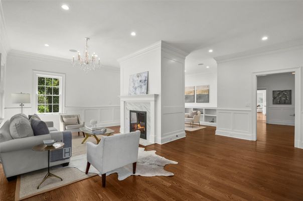 Chandelier, Dining room, Fireplace, Interior, Living room, Recessed Lighting, Wood Texture Flooring