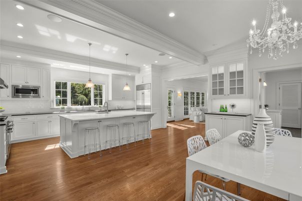 Chandelier, Interior, Kitchen, Pendant Lights, Recessed Lighting, Stainless Steel Appliances, Wood Texture Flooring