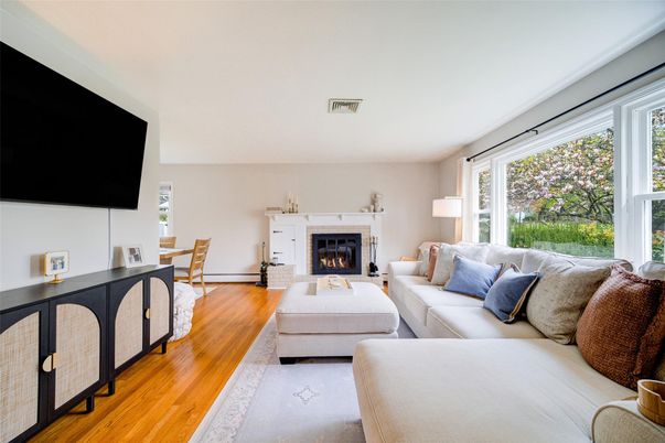 Dining room, Fireplace, Interior, Living room, Wood Texture Flooring