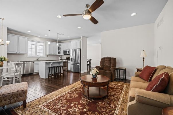 Dining room, Interior, Kitchen, Living room, Pendant Lights, Recessed Lighting, Stainless Steel Appliances, Wood Texture Flooring