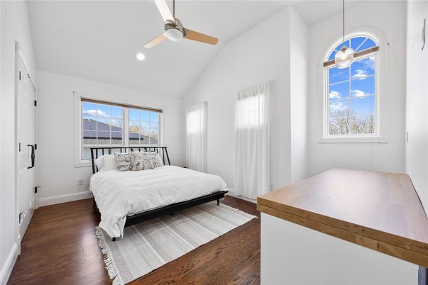 Bedroom, Interior, Pendant Lights, Recessed Lighting, Wood Texture Flooring
