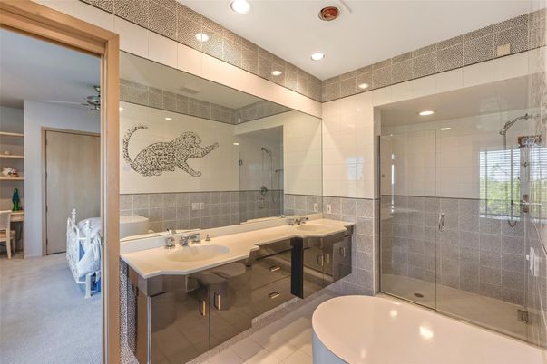 Bathroom, Dual Sink Vanities, Glass Shower, Interior, Recessed Lighting