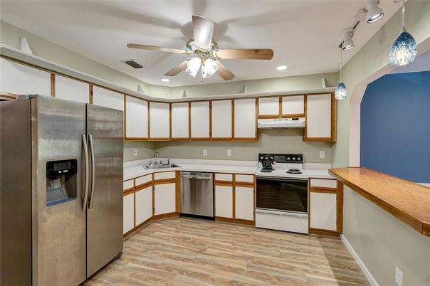 Interior, Kitchen, Pendant Lights, Recessed Lighting, Stainless Steel Appliances, Wood Texture Flooring