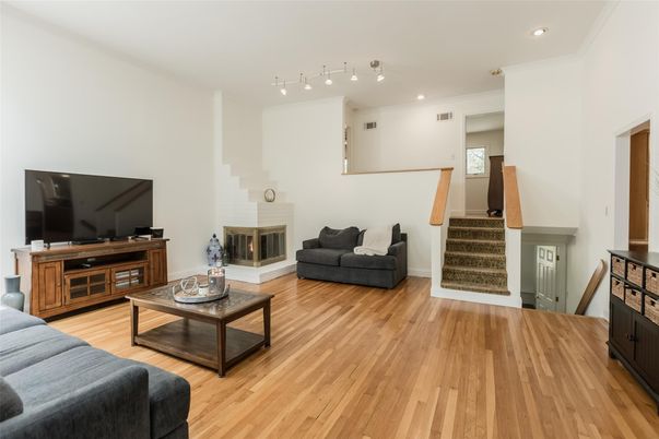 Fireplace, Interior, Living room, Recessed Lighting, Wood Texture Flooring