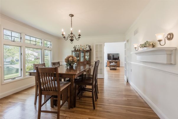 Chandelier, Dining room, Interior, Wood Texture Flooring