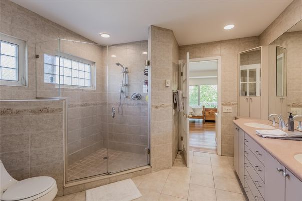 Bathroom, Dual Sink Vanities, Glass Shower, Interior, Recessed Lighting
