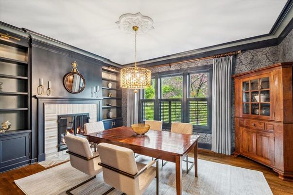 Chandelier, Dining room, Fireplace, Interior, Wood Texture Flooring