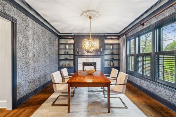 Fireplace, Home Office, Interior, Pendant Lights, Wood Texture Flooring