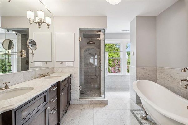 Bathroom, Dual Sink Vanities, Free Standing Baths, Glass Shower, Interior, Marble