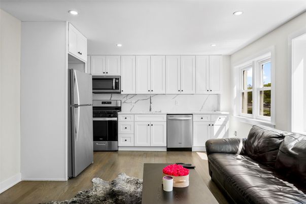 Interior, Kitchen, Living room, Recessed Lighting, Stainless Steel Appliances, Wood Texture Flooring
