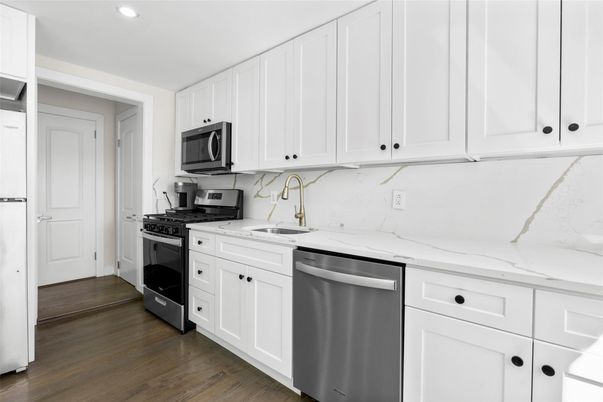 Interior, Kitchen, Recessed Lighting, Stainless Steel Appliances, Wood Texture Flooring