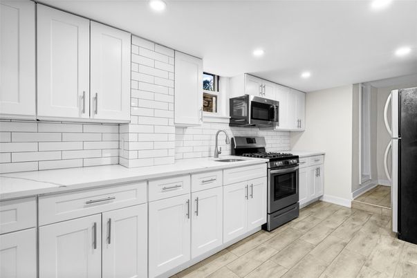 Interior, Kitchen, Recessed Lighting, Stainless Steel Appliances, Wood Texture Flooring