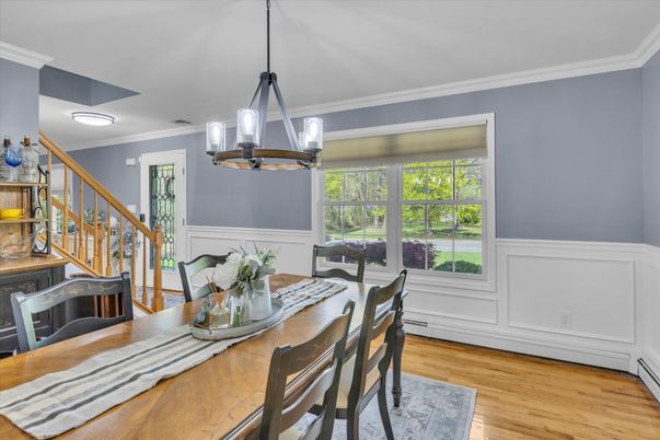 Dining room, Interior, Pendant Lights, Wood Texture Flooring
