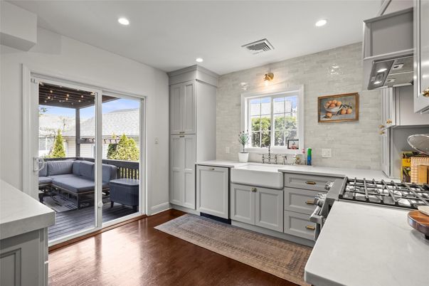 Interior, Kitchen, Recessed Lighting, Stone Walls, Wood Texture Flooring