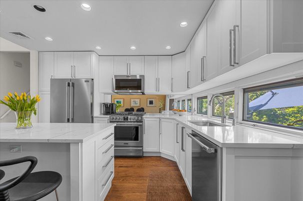 Interior, Kitchen, Recessed Lighting, Stainless Steel Appliances, Wood Texture Flooring