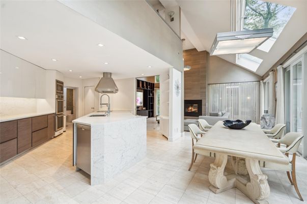 Dining room, Fireplace, Interior, Kitchen, Living room, Recessed Lighting, Stainless Steel Appliances
